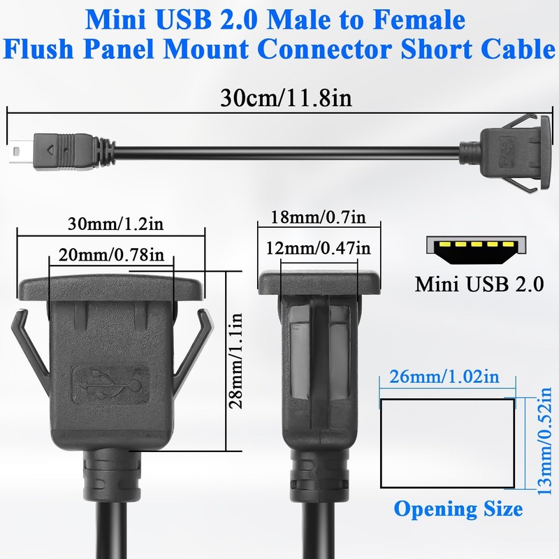 Mini USB Square Snap Mount Connector Short Cable Male To Female 30cm/11.8in gallery