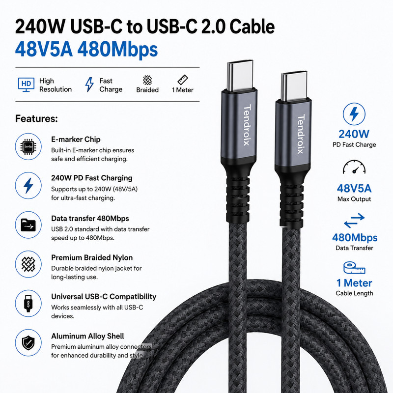 2 Packs of 240W USB-C to C Fast Charging Cable – 48V/5A PD, Braided Nylon, E-M.