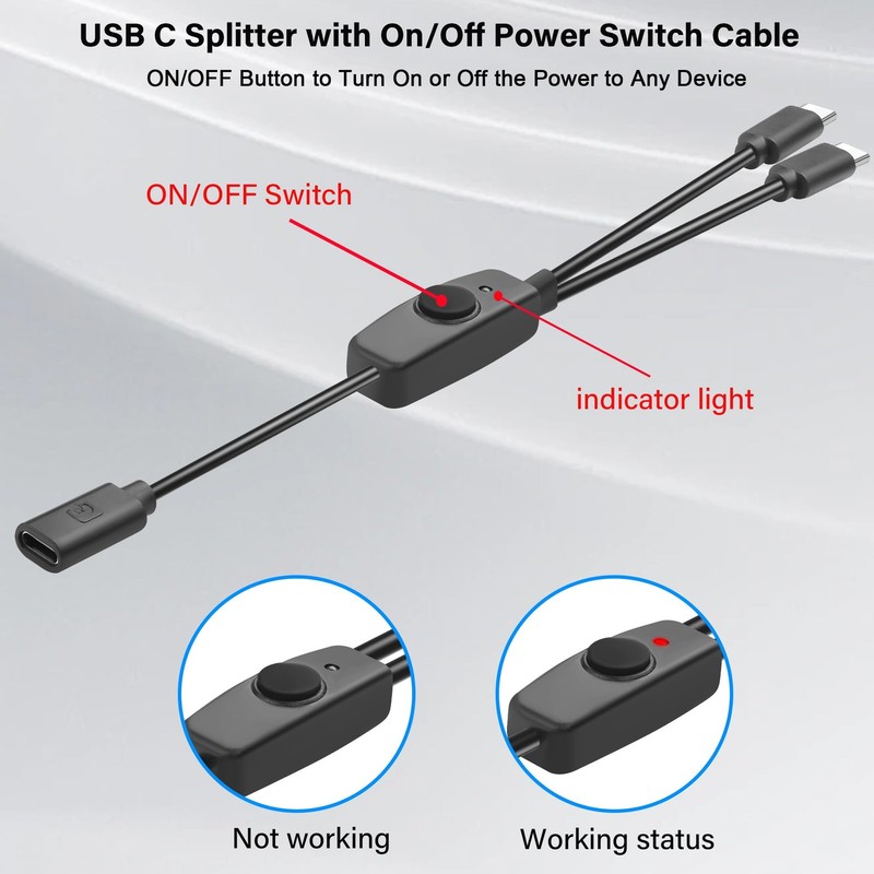 USB C Splitter Power Cable with Switch 5V 2A Type C Female to Dual Male Power... gallery