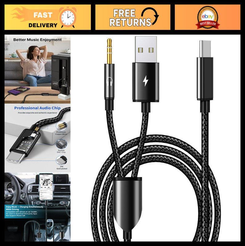 USB C to 3.5mm Aux Audio Cable, 2-in-1 Car Stereo & Charging Cable for iPhone &