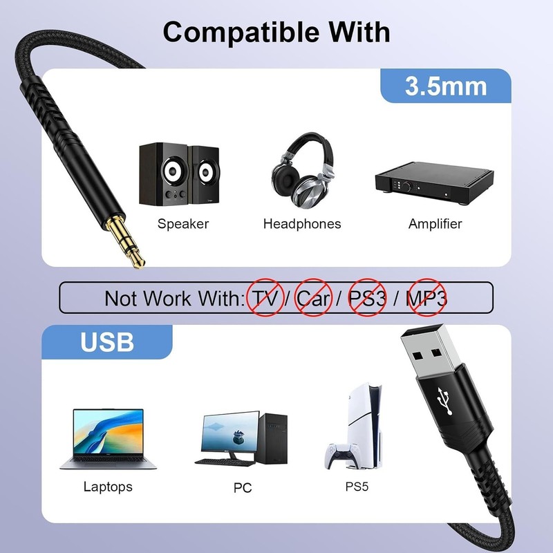 USB A to 3.5mm AUX Audio Cable Braided 3FT USB Male to AUX Male Jack Adapter TRS gallery