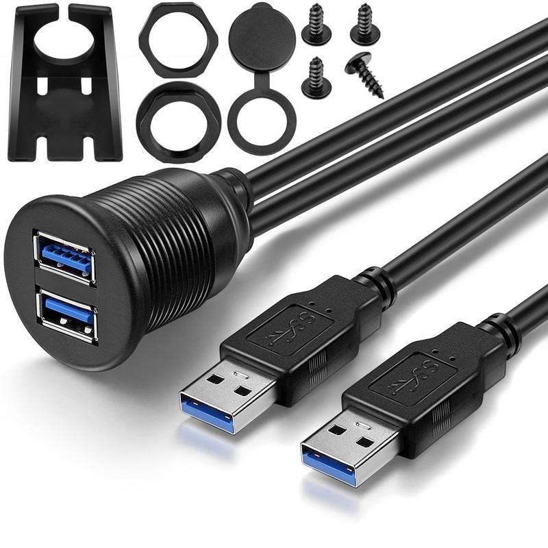 2 Ports USB 3.0 Extension Cable Flush Mount for Car Truck Boat 3 Feet