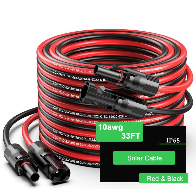 33Ft Solar Panels Extension Cables, 6mm² PV Cable with Male and Female Conn