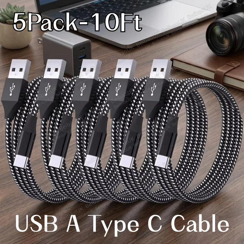 Lot 10FT Braided USB C Fast Charging Type-C Data SYNC Charger Cable Cord 5Pack