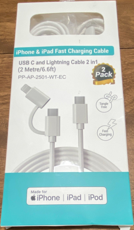 USB-C 2-in-1 Fast Charge Cable 6.6ft White 2-Pack PP-AP-2501-WT-EC