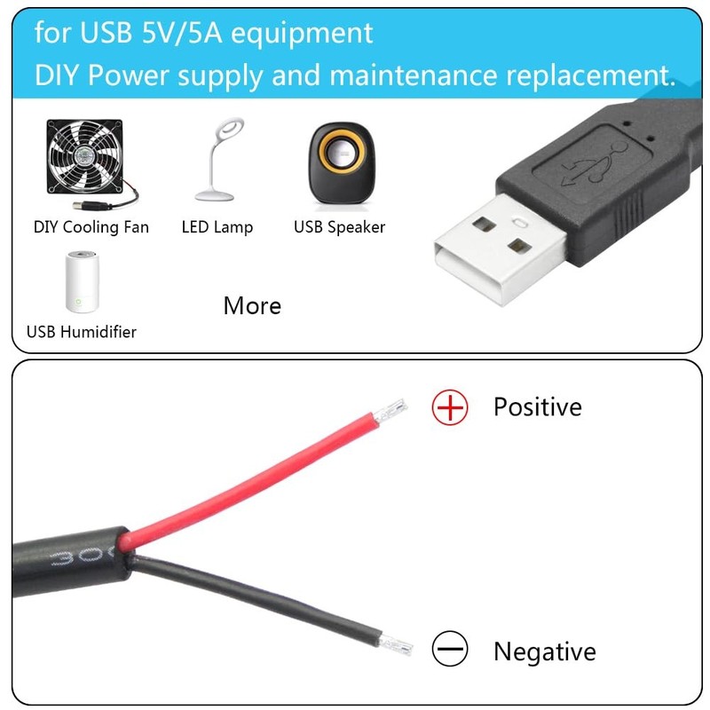 USB A Male To 2 Pin Bare Wire Pigtail Open End Power Cord 5V/5A 3FT 2 PCS gallery