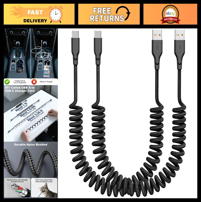 Fast Charging Coiled CarPlay Charger – 2-Pack 3FT Retractable USB A to C Cable f