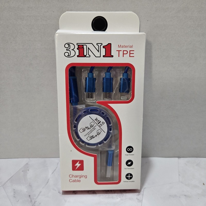 3in1 Fast Charging Cable Micro Type C Syncronizing Recharging Phone Blue