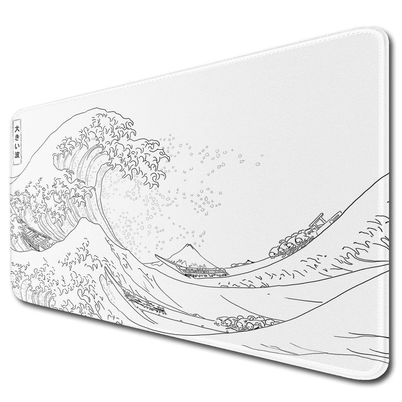 Large Gaming Mouse Pad with Stitched Edges,Non-Slip Base Desk Pad,White Wave …