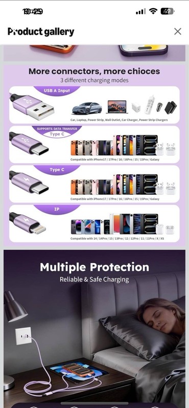 4FT Multi Charging Cable with 2 USB-C/IP Port, Purple (2 Pack) 4 cHARING CABLE gallery