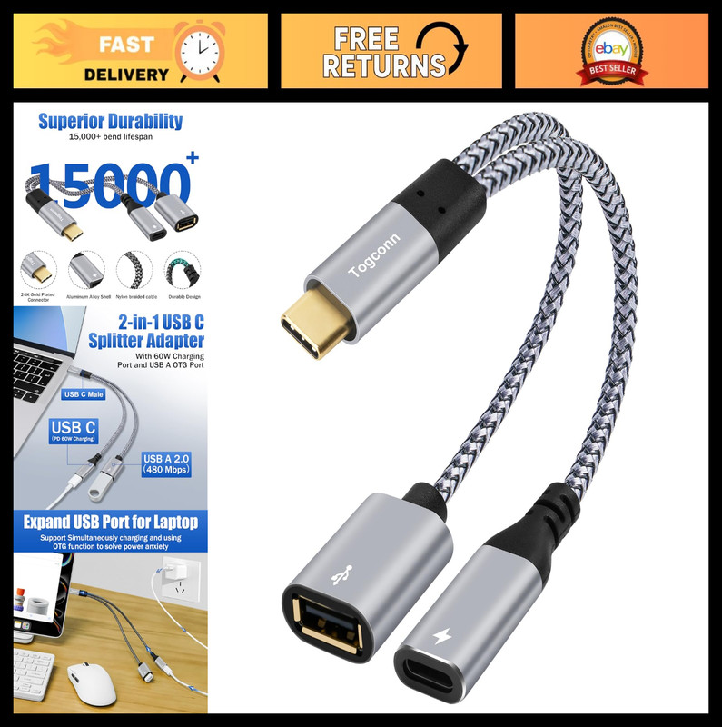 2 in 1 USB C to USB OTG Adapter & PD Charger Splitter Y Cable, Fast Charging for