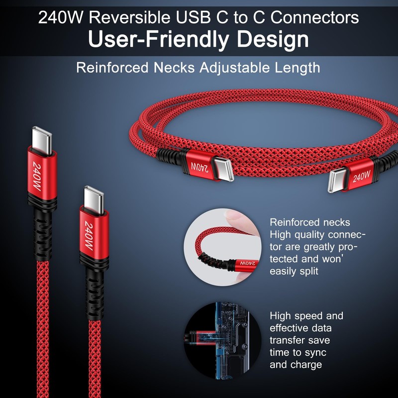 240W USB C Charger Cable Fast Charging Cord For iPhone Red Type C Wire 3ft gallery