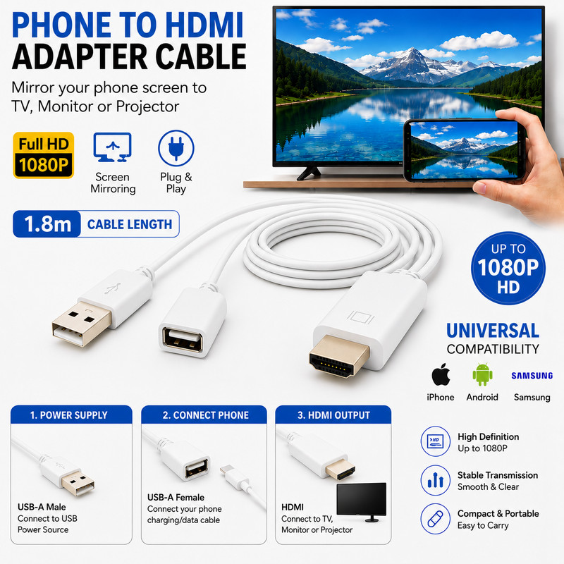 Phone to HDMI HDTV Adapter Cable USB Powered for iPhone Android Samsung etc gallery