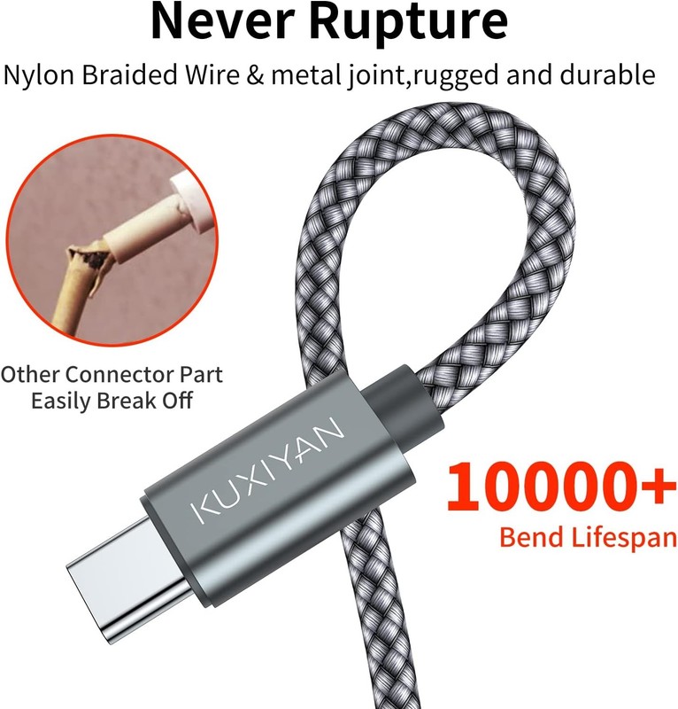 USB C Cable 2 Pack 3ft Nylon Braided Fast Charging Sync CarPlay Cord Gray gallery