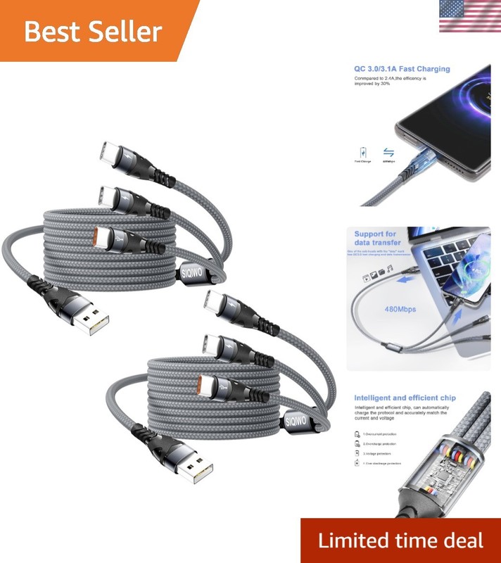 Multi USB-C Cable 4FT, 3 in 1 Multiple Type C Charging,3A Splitter Black 2 PACK