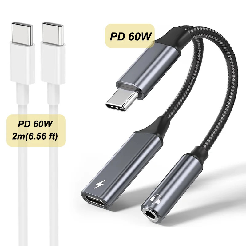 2-in-1 USB-C to 3.5mm Audio Adapter 60W PD Fast Charging Samsung Xiaomi