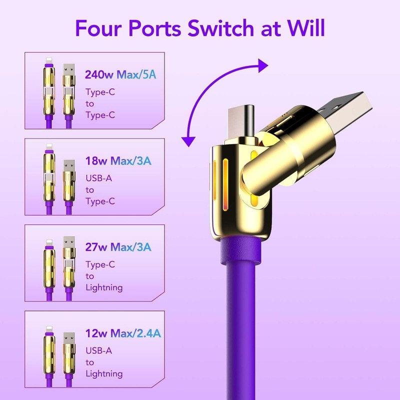 Bulk Lot 15/ 4-in-1 Fast USB Charging Cable, 240W, 3.3ft, USB A/C to C/Lighting gallery