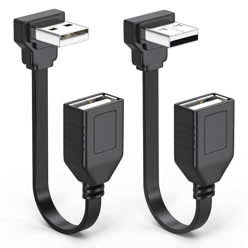 2 PCS 90 Degree USB 2.0 Extension Cable Flat Right Angle Male Female 8 Inch