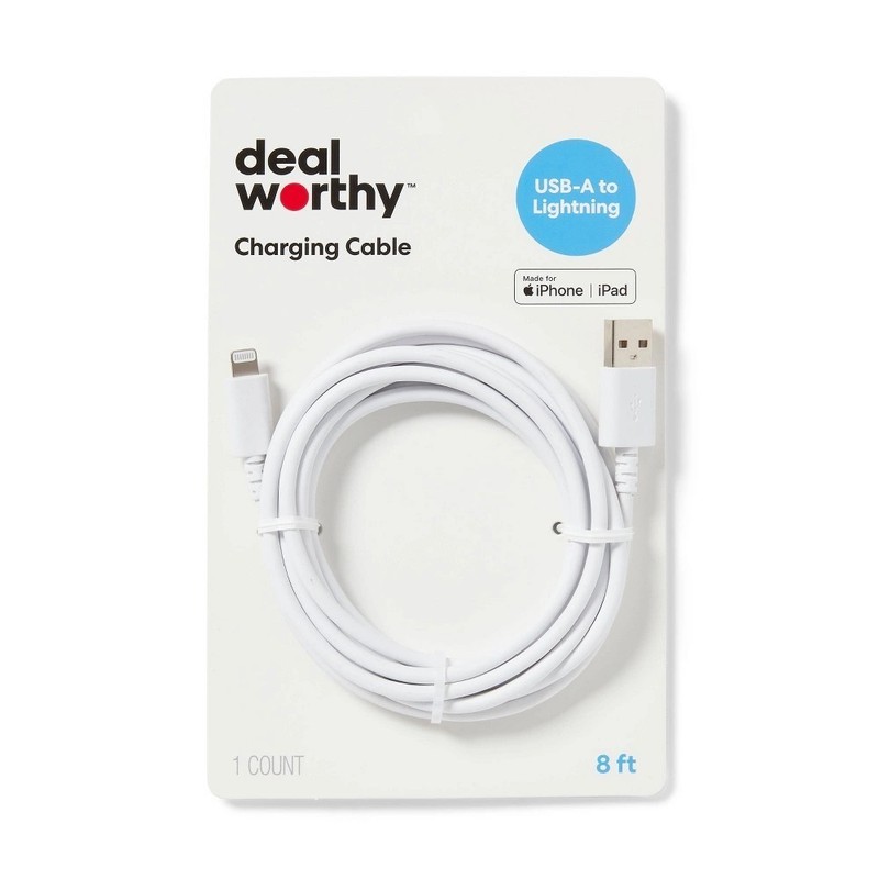 8′ MFI CERTIFIED Lightning to USB-a Charging Cable – Dealworthy White