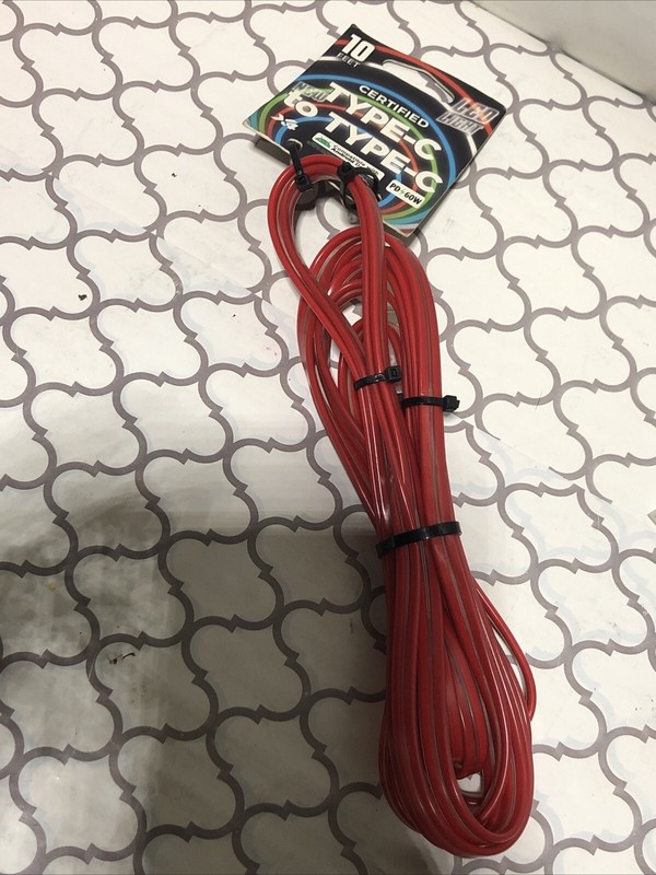 10ft 60W USB-C To USB-C Fast Charger Cable Type C Quick Charging Red LED w Tags