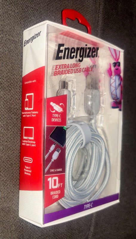 Energizer 10ft Extra Long Braided🪫Type-C to USB Charging Cable🔋Gray gallery