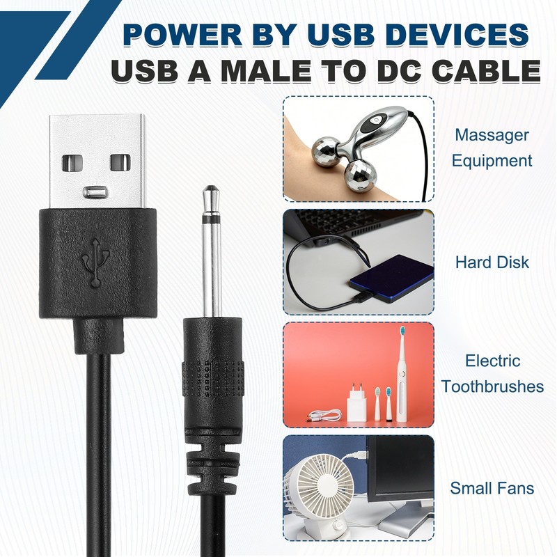 2Pcs 2.6FT DC Charging Cable, USB to DC Power Cable 2.5mm l 16mm, Black/White gallery