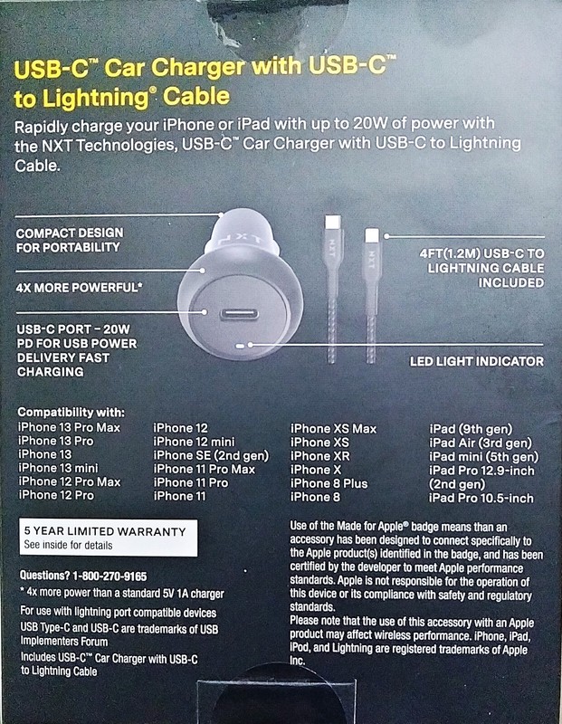 USB Car Charger with USB -C Cable to Lightening cable for IPhone