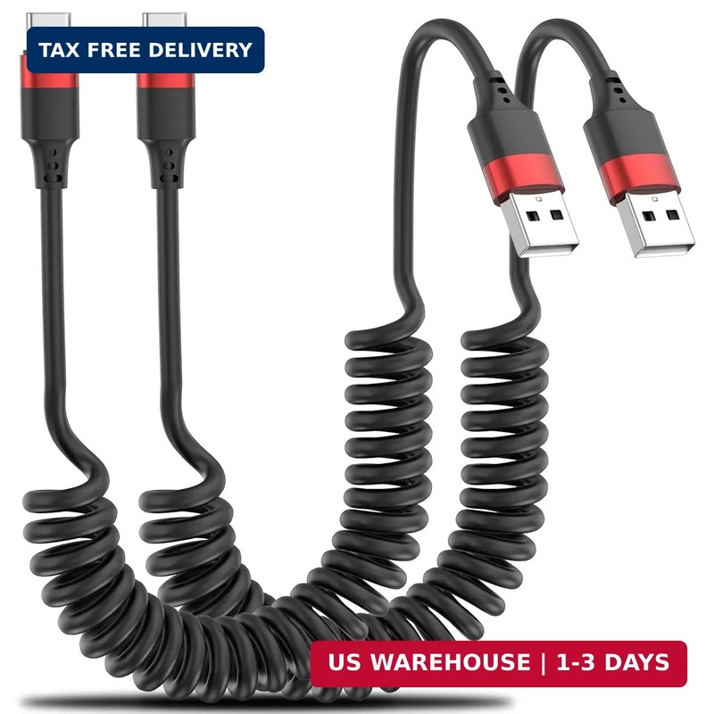 Coiled USB C Cable for Car, 2 Pack Type C Coiled Cable Fast Charging, USB to USB