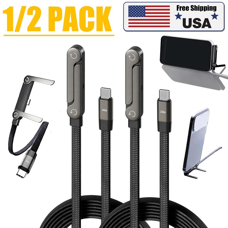 240W Braided Foldable Phone Stand Cord,T-Shaped Foldable Durable USB-C to Type-C