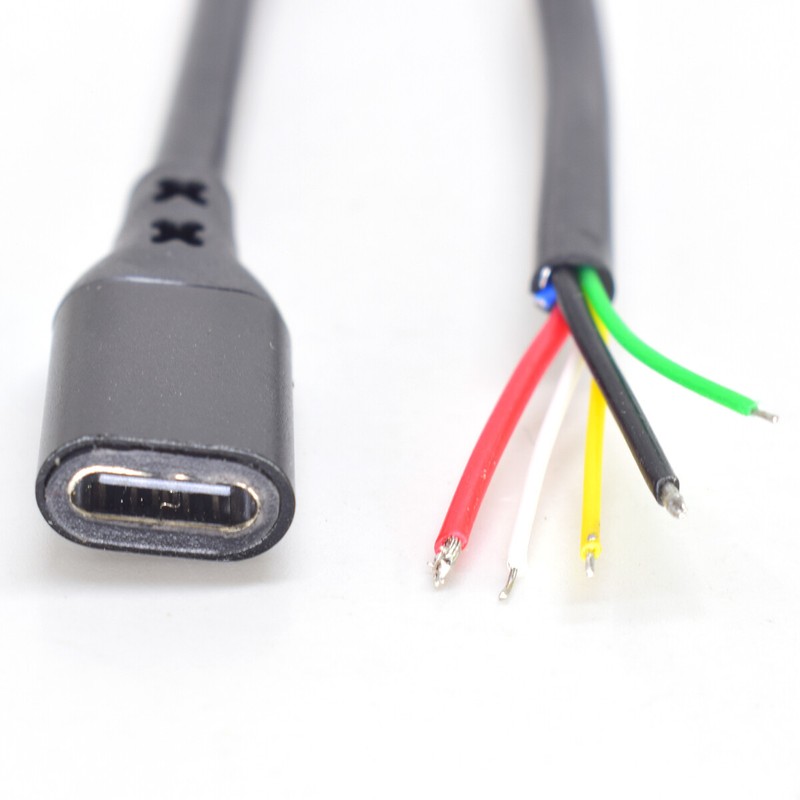 50pcs 1ft/30cm USB C Type-C Female Cable 5A 20AWG 5core Power Pigtail DATA Cable