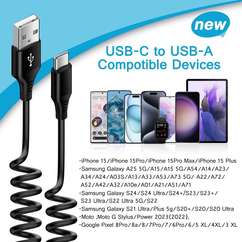 Samsung S24 Ultra FE Coiled USB C to USB A Cable Fast Charging for Galaxy S26... gallery