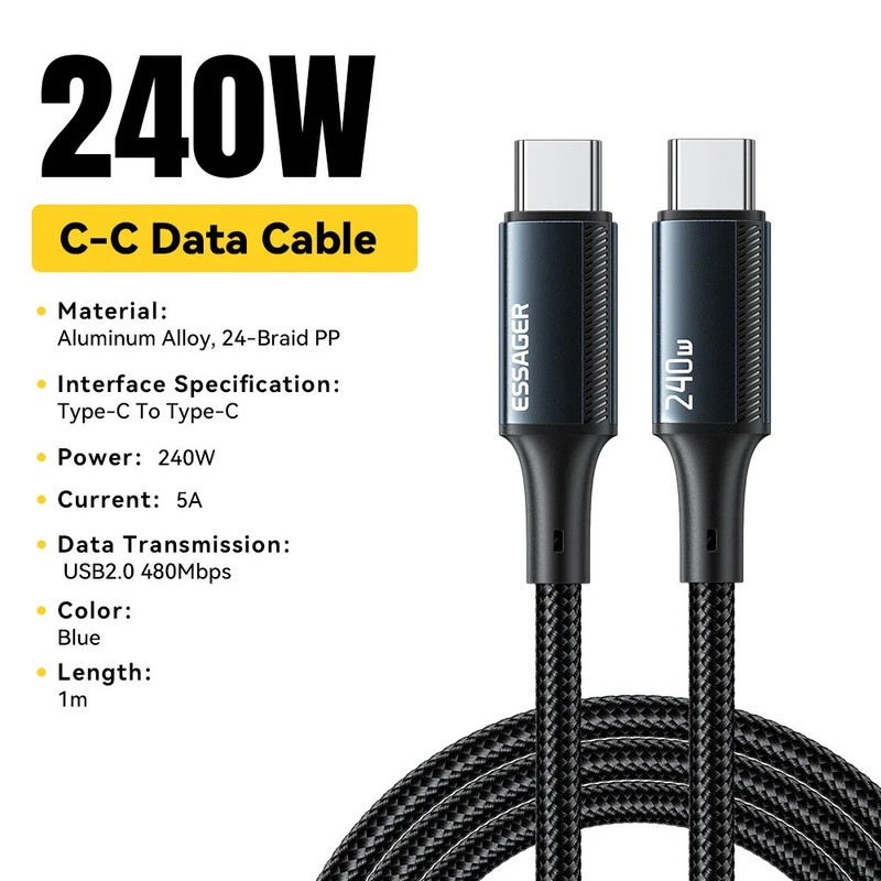 240W USB-C to USB-C PD Fast Charging Cable 5A E-Marker for MacBook iPad