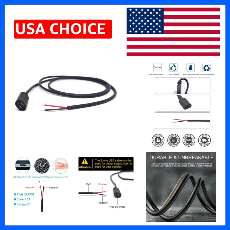 1M/3.3FT 22AWG Type C Female Pigtail 2 Wire Extension Cable,1PCS 5V 3A USB Ty…