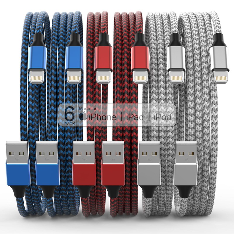 6 Pack Multi Size Nylon Braided Charger Cable Fast Charging USB Power Cord