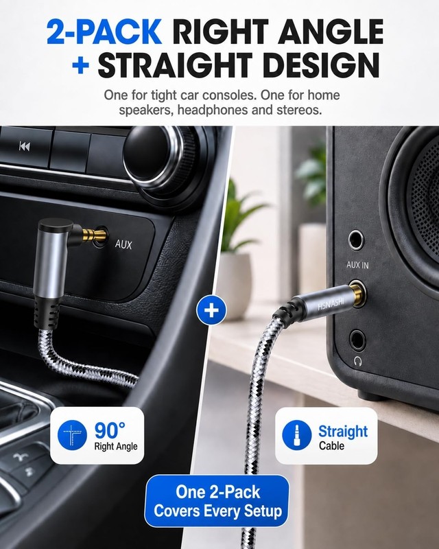 SNANSHI 2-Pack Aux to USB C Cable 3.3ft, 90 Degree and Straight Aux Cord to USB gallery