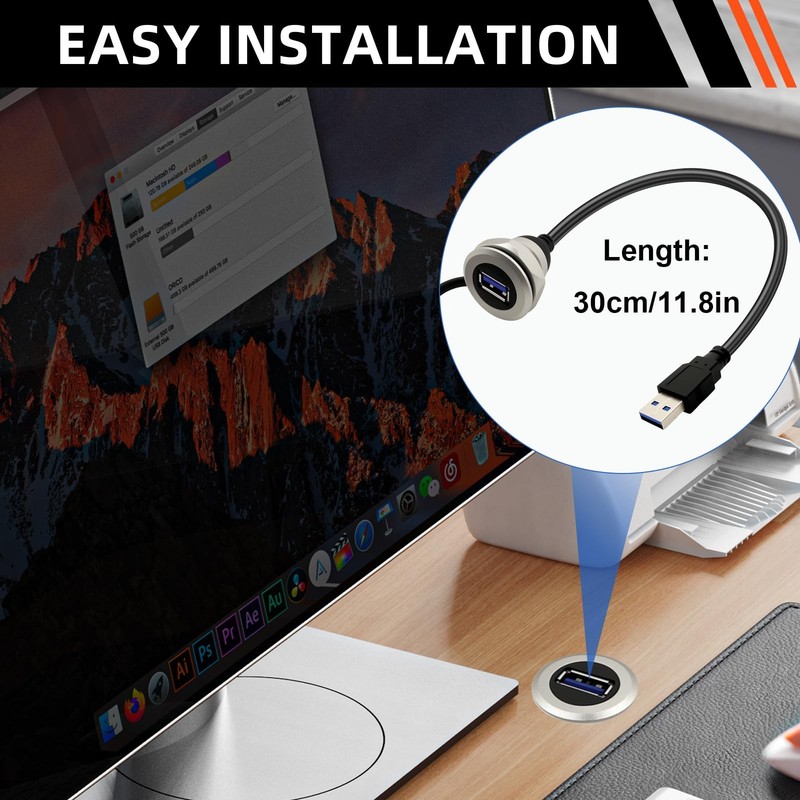USB3.0 Threaded Fixed Mount Cable Al Shell USB A Male to Female Embedded Moun... gallery