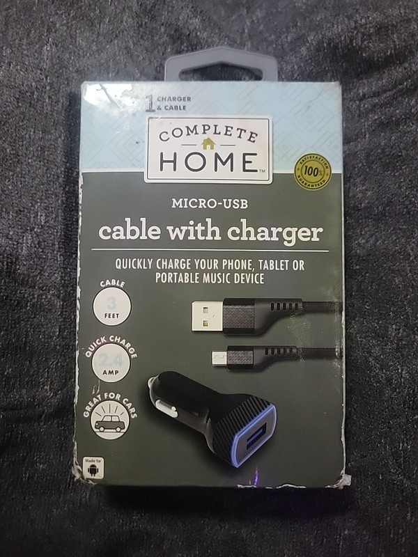 Complete Home Micro USB Cable With Car Charger - 3 Foot