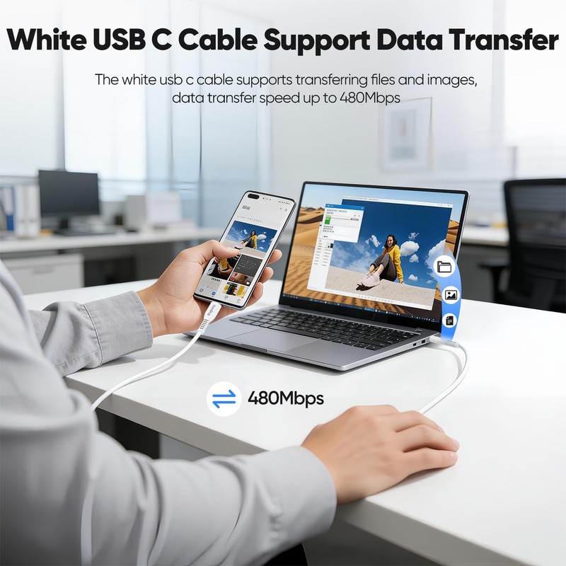 VoroDcip USB C Cable 15 Ft, Extra Long Type C 60W Fast 15 Feet, white gallery