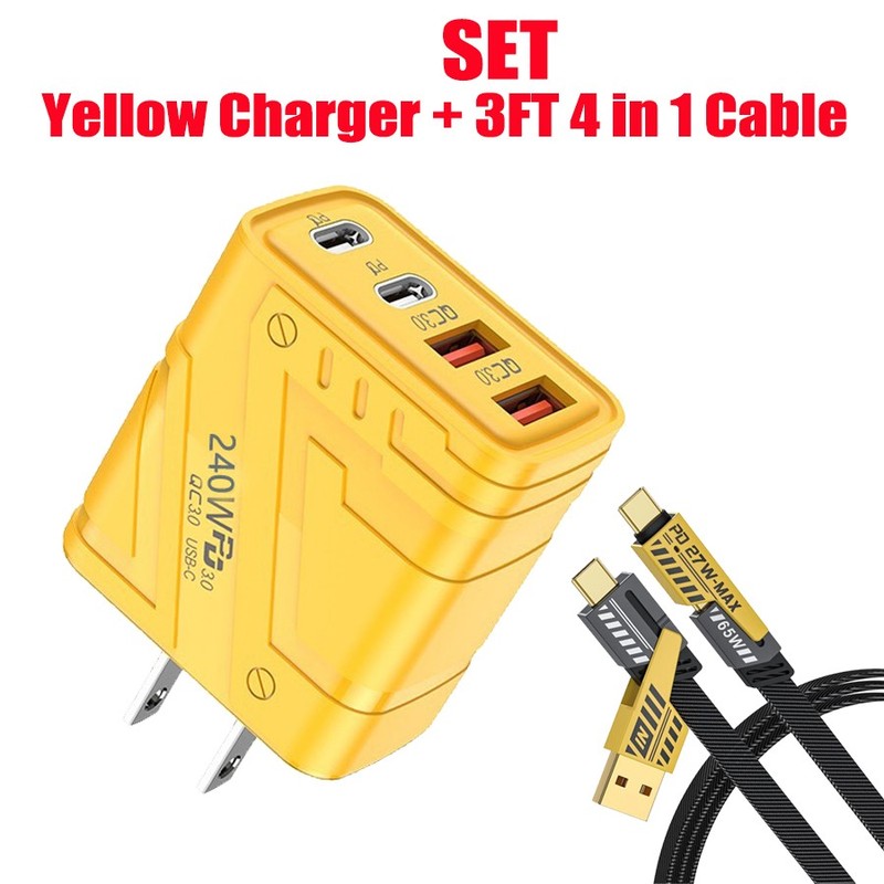 240W 4-Port USB C Fast Wall Charger Block ,4 in 1 Cable For All Cell Phone iPad