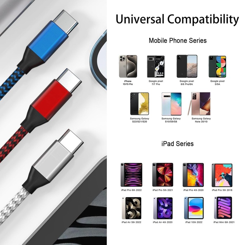 Stylish Nylon Braided USB C to USB C Cable - Multicolored, 5 Pack gallery