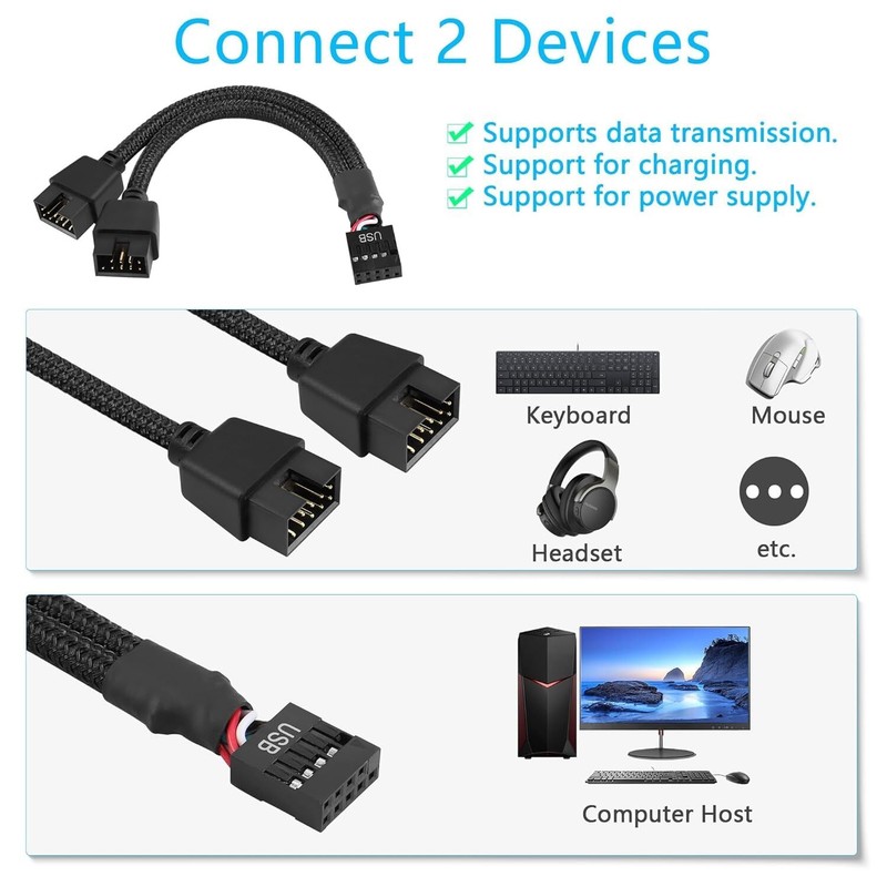 USB 2.0 9Pin Female to Dual Male Extension Cable Motherboard Header Splitter ... gallery