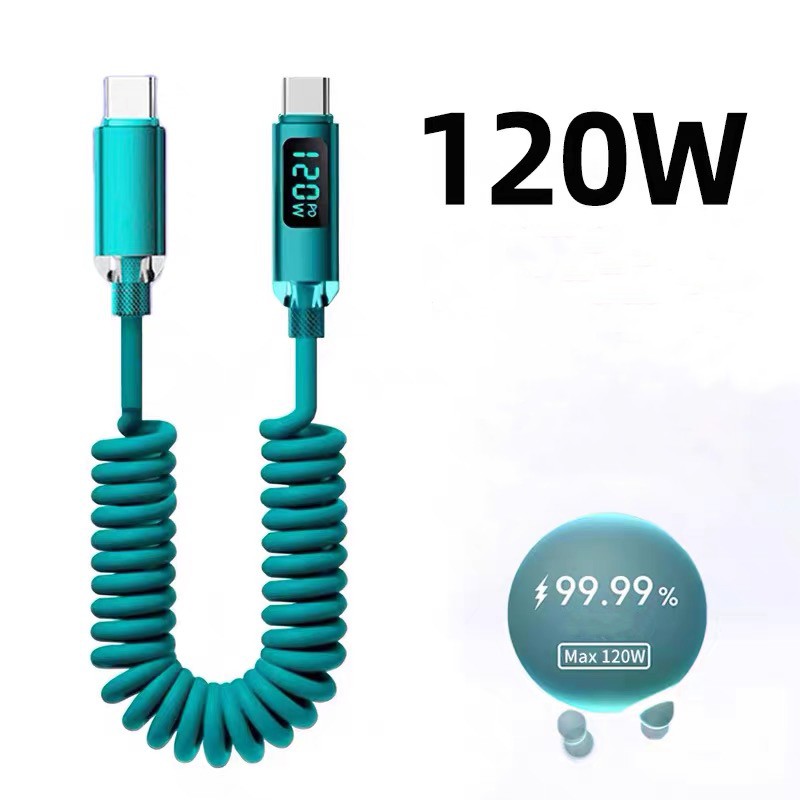 USB-C ,C-C Spring Coil Cable Fast Phone Lead Charger PD 120W 6A Digital Display