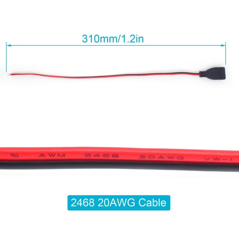 20AWG USB Female Pigtail 2 Wire 5V 5A Cable 0.3M/1FT Red Black 5 PCS gallery