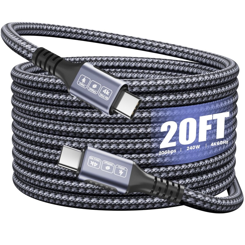 USB to USB Cable 20ft, 240W PD Fast Charging, 20Gbps Data Transfer, 4K60Hz Vi…