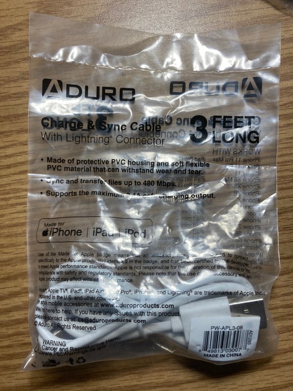 Aduro Apple Certified Fiber Lightning Cables – 3 ft White
