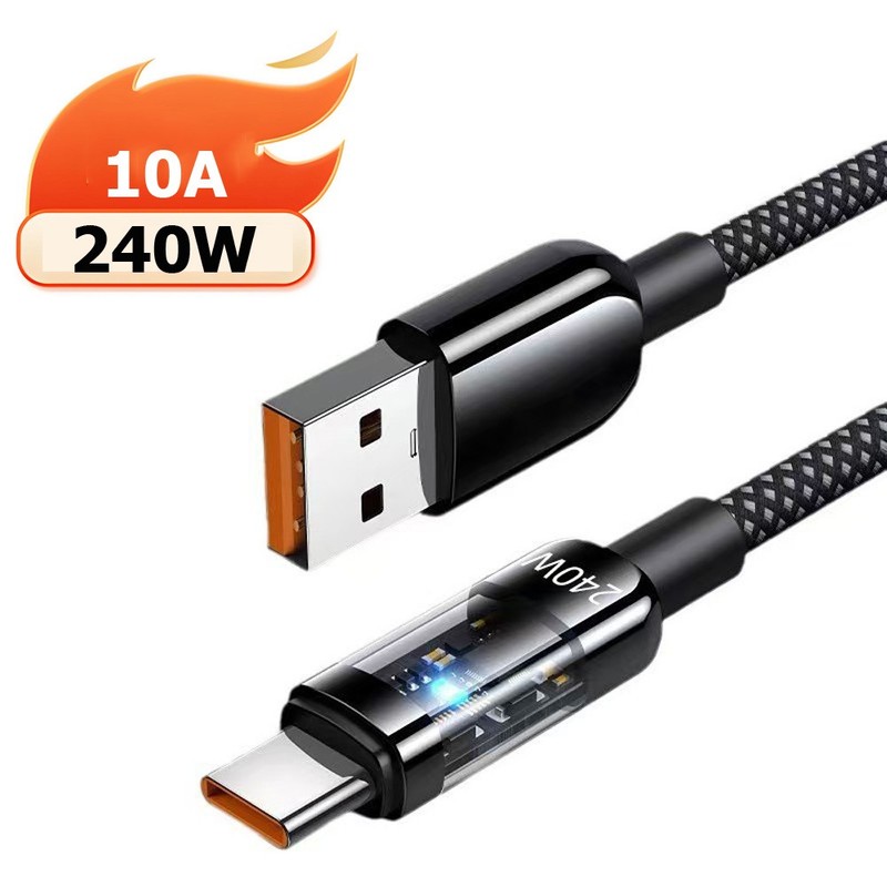 USB A to Type-C Cable 240W Super Fast Charging Braid Phone Charger Lead With LED