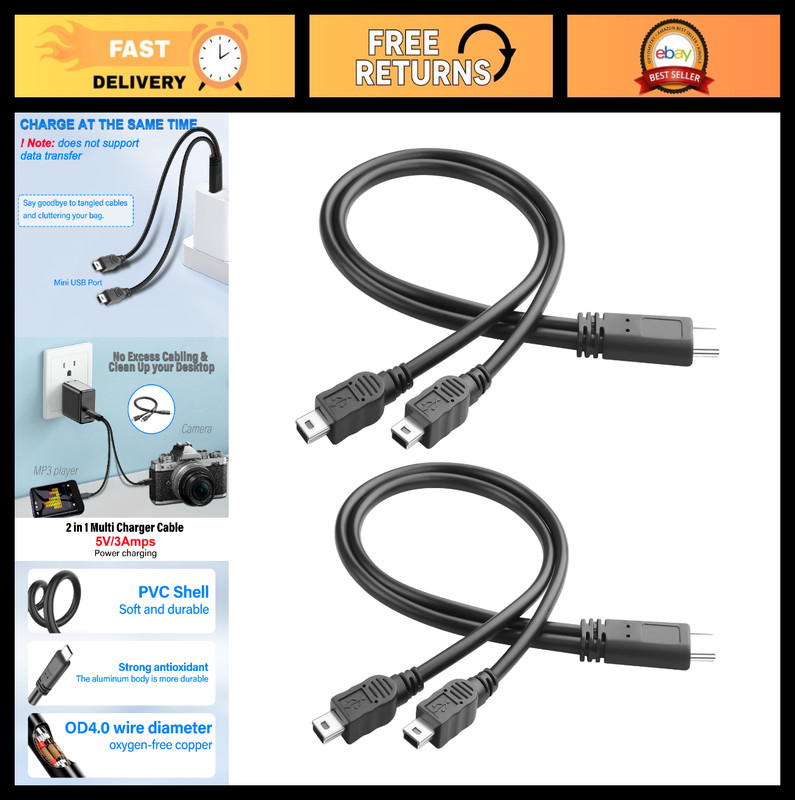 2-in-1 USB C to Mini USB Charging Cable, 3A Fast Charge Splitter, 1ft, Compatibl