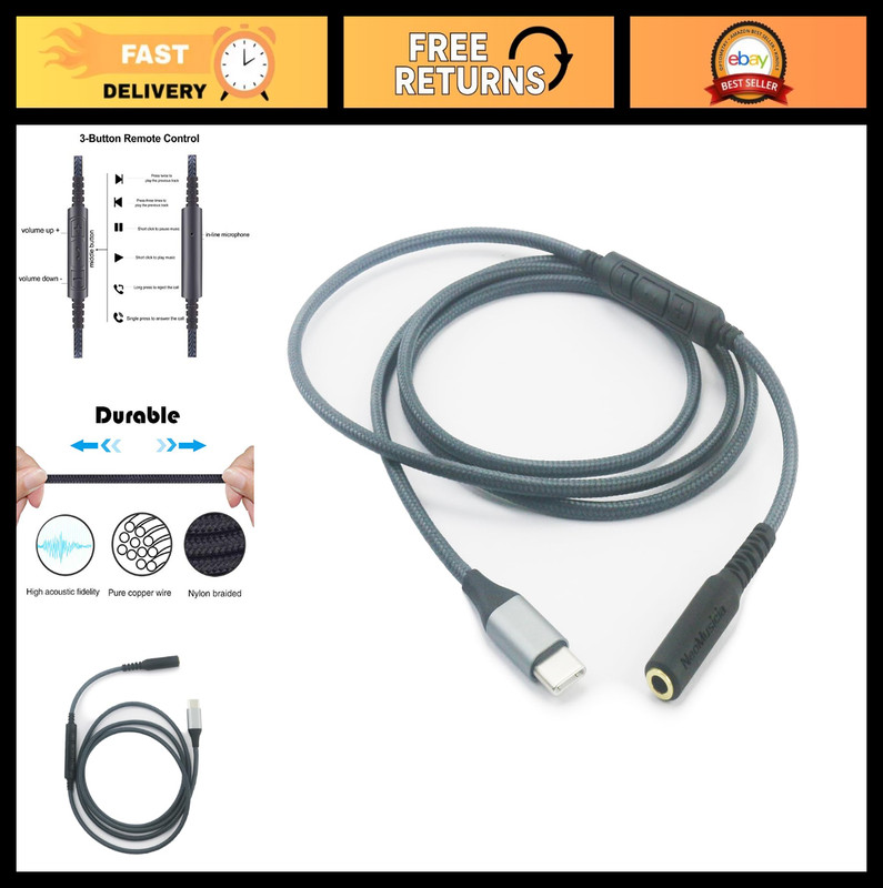 USB C to 3.5mm Female Headphone Adapter Cable with Remote Volume & Mic – iPhone/
