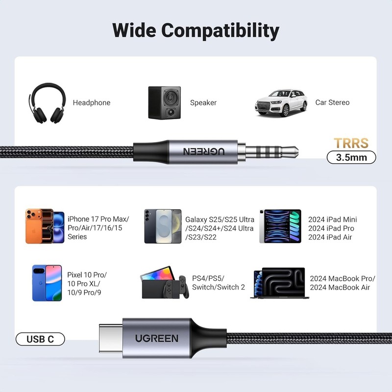 UGREEN Aux to USB C, Aux Cord for Car Type C to 3.5mm Audio Jack Cable 3.3FT TRR gallery