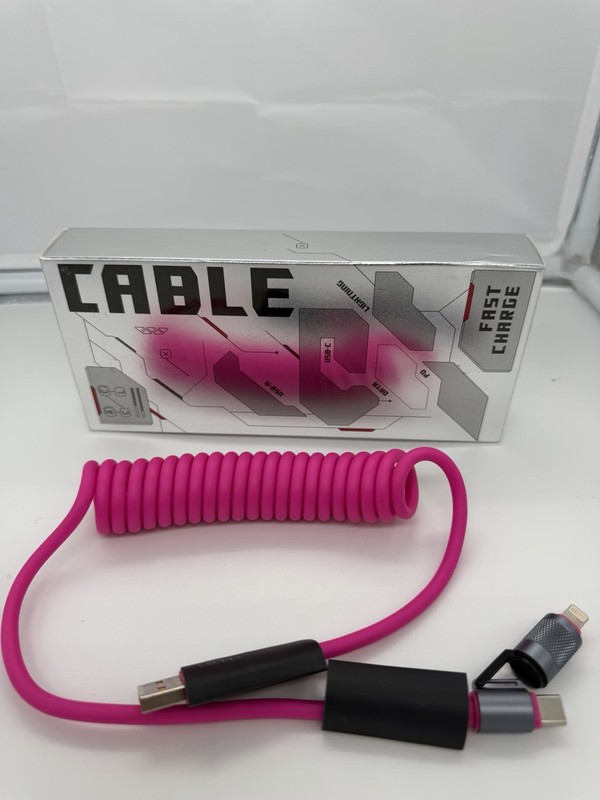 Fast Charge USB-C Cable w/ iPhone Compatible Adapter Pink Coiled Charging Cord